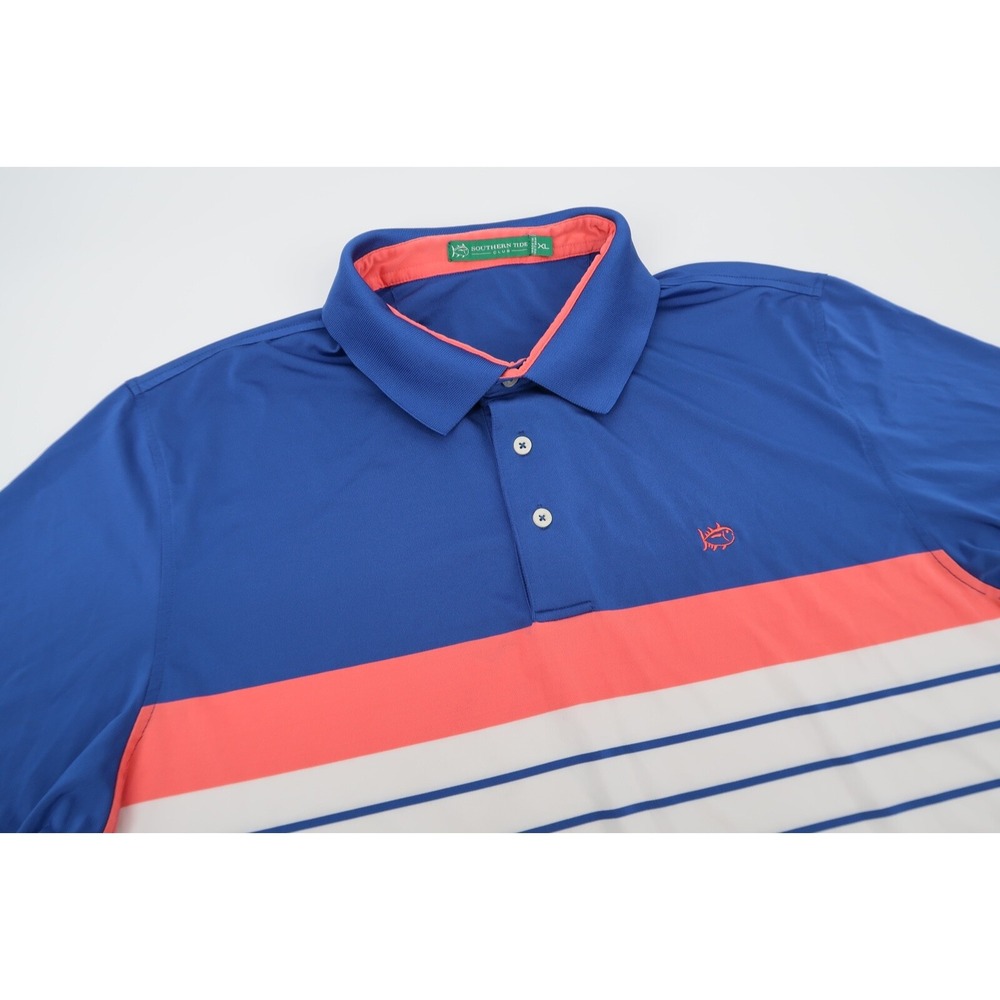 Southern Tide Club Men's XL Blue Striped Performance Polo Shirt
